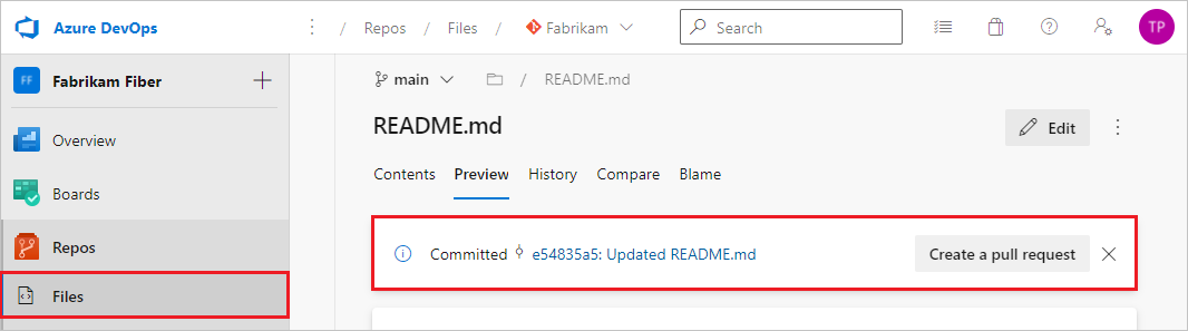 屏幕截图,其中显示了在 Azure Repos 的“文件”选项卡上创建 P R 的提示。