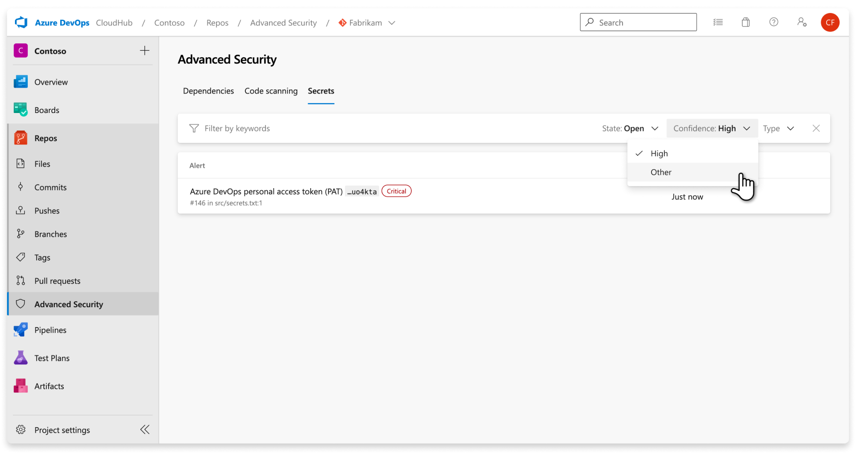 GitHub Advanced Security 密钥扫描置信度筛选器的屏幕截图。