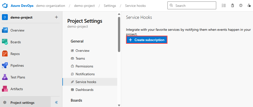 Azure DevOps 项目的“服务挂钩”页的屏幕截图。突出显示了“创建订阅”按钮。