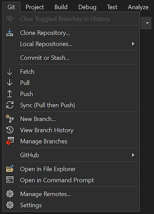 Visual Studio 2022 中 Git 菜单的屏幕截图。