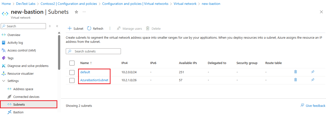 显示 Azure Bastion 虚拟网络中的两个子网的屏幕截图。