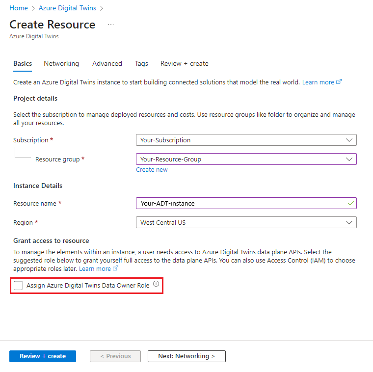 Azure 门户中 Azure 数字孪生的“创建资源”过程的屏幕截图。“授予资源访问权限”下的复选框处于禁用状态。