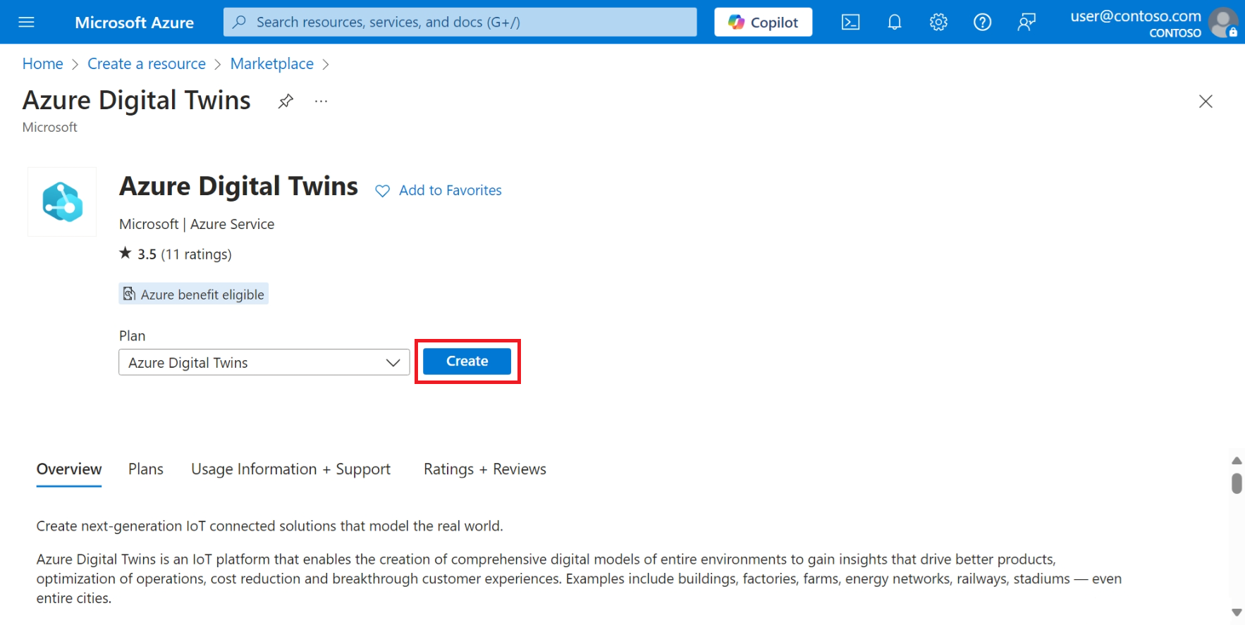 Azure 门户的屏幕截图，其中突出显示了 Azure 数字孪生服务页中的“创建”按钮。