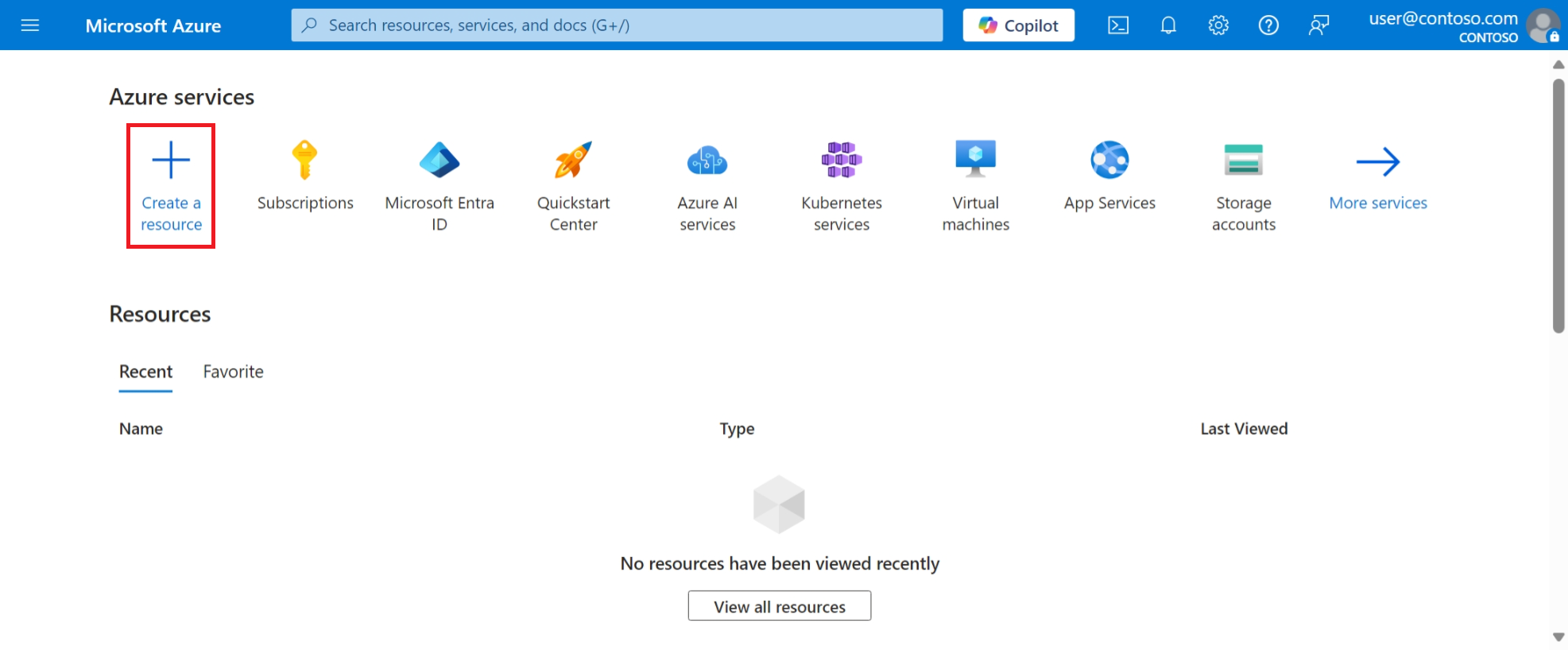 Azure 门户的屏幕截图，其中突出显示了主页中的“创建资源”图标。
