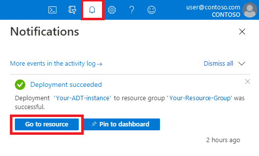 Azure 通知的屏幕截图，其中显示了成功的部署，并在 Azure 门户中突出显示了“转到资源”按钮。