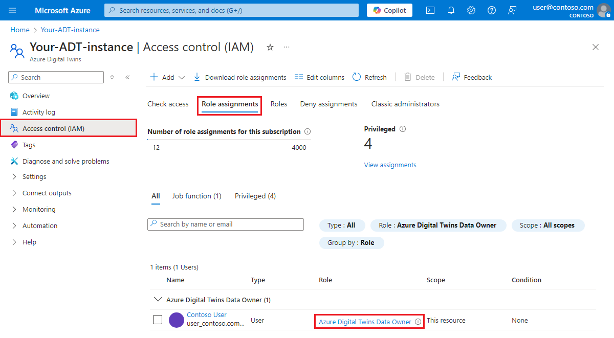 Azure 门户中 Azure 数字孪生实例的角色分配的屏幕截图。