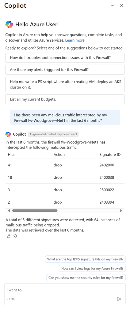检索 Azure 防火墙排名靠前的 IDPS 签名命中次数的功能的屏幕截图。