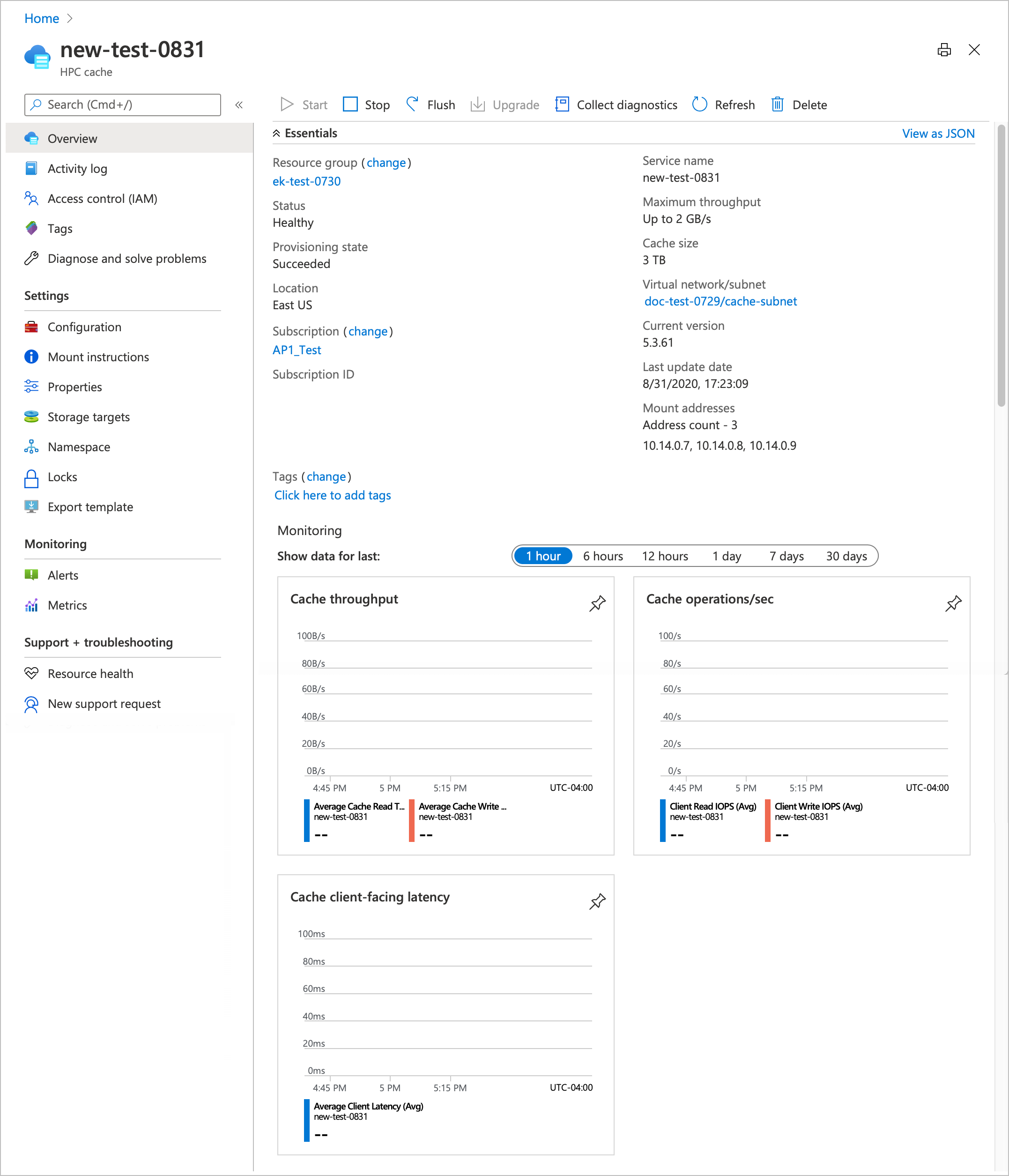 Azure HPC 缓存实例的“概述”页面的屏幕截图