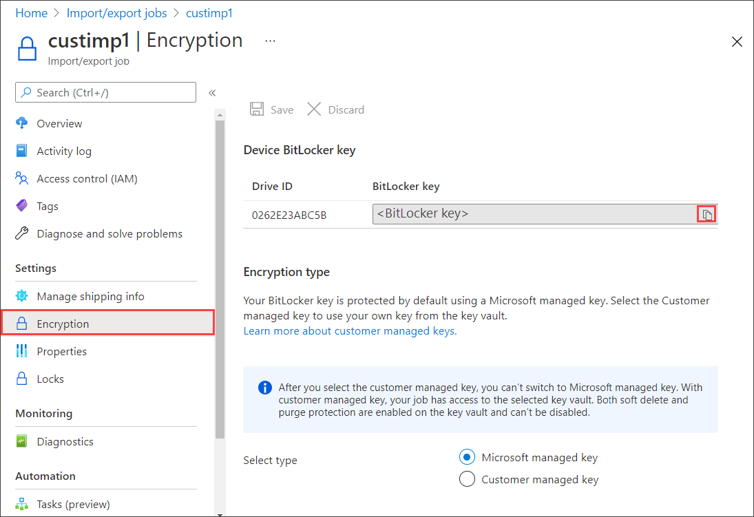 Azure 导入导出作业中导出作业的“加密”边栏选项卡的屏幕截图。突出显示了“加密”菜单项以及密钥的“复制”按钮。