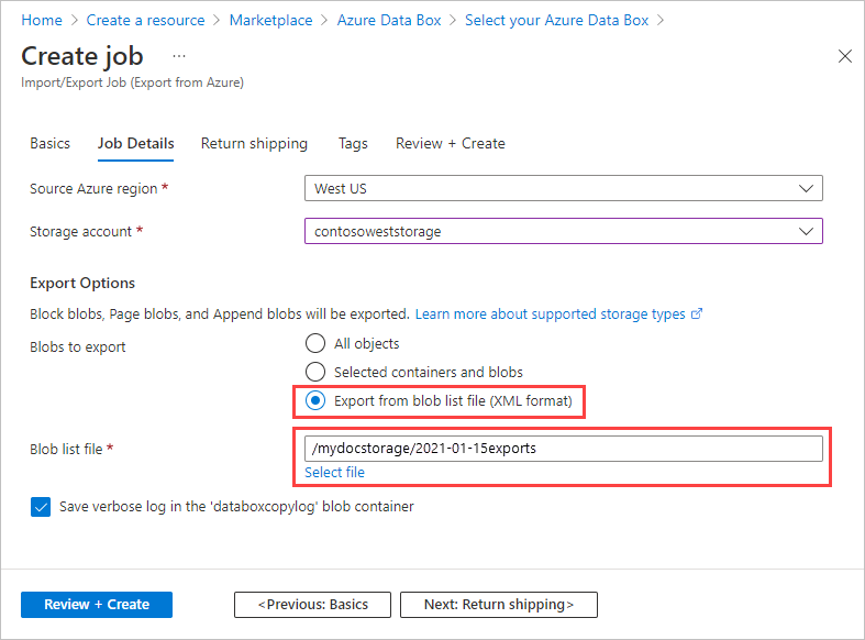 使用 Blob 列表文件选择 Blob 的 Azure 导入/导出作业的“作业详细信息”屏幕截图。突出显示了“Blob 列表文件”选项和所选文件。