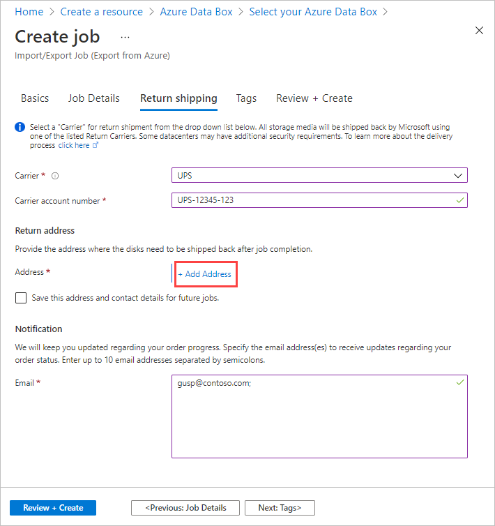 Azure Data Box 中导入作业的“回寄”选项卡的屏幕截图。突出显示了“回寄”选项卡和“+ 添加地址”按钮。