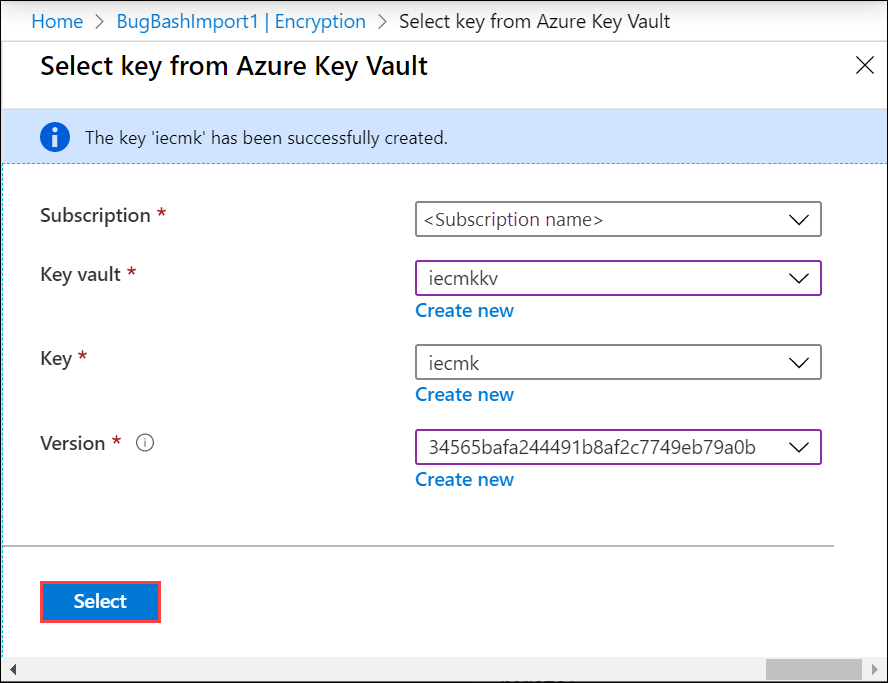 “从 Azure 密钥保管库中选择密钥”和示例设置的屏幕截图。突出显示了“选择”按钮。