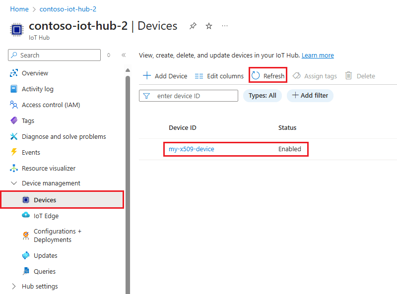显示设备已注册到 Azure 门户的 IoT 中心的屏幕截图。