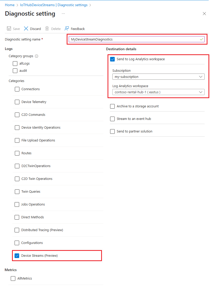 显示 Azure 门户中的“诊断设置”窗格的屏幕截图，其中突出显示了设备流资源日志的设置。