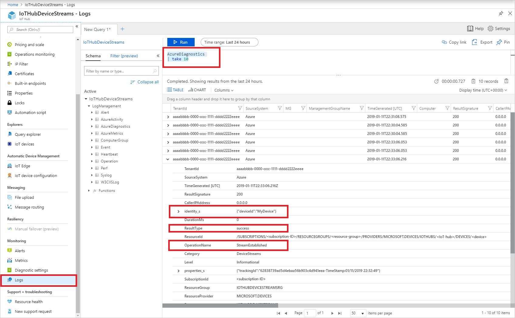 该屏幕截图显示了 IoT 中心的 AzureDiagnostic 日志，其中突出显示了设备流资源日志条目的身份、操作和结果。