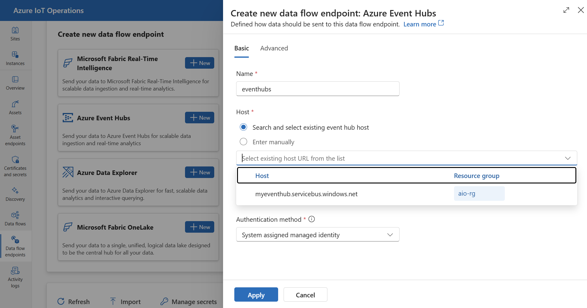 使用操作体验创建 Azure 事件中心数据流终结点的屏幕截图。