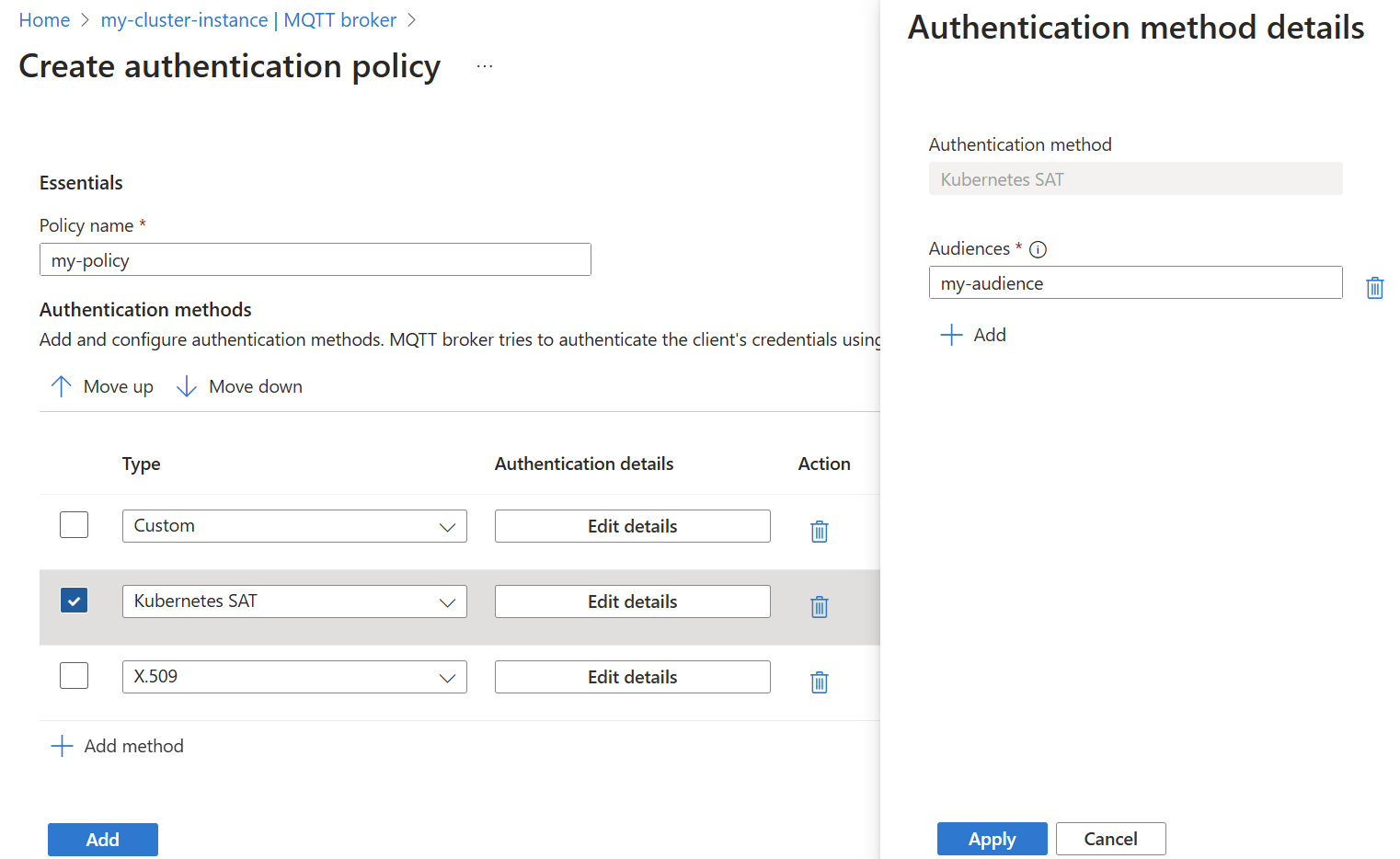显示使用 Azure 门户设置 MQTT 代理 SAT 身份验证方法的屏幕截图。