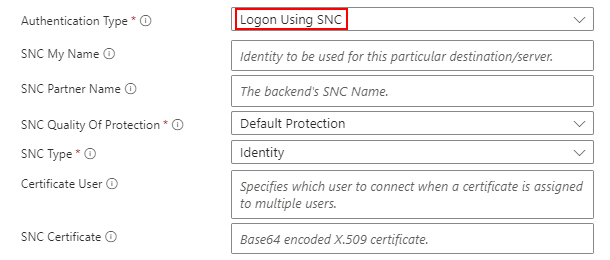 屏幕截图显示了启用 SNC 的 SAP 内置连接参数，用于标准工作流。