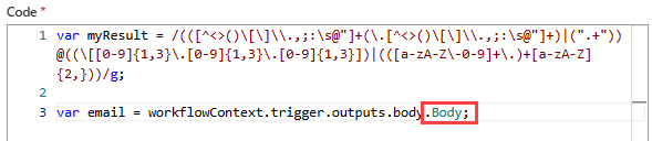 屏幕截图显示消耗型逻辑应用工作流、“执行 JavaScript 代码”操作和带有结束分号的已重命名的“Body”属性。