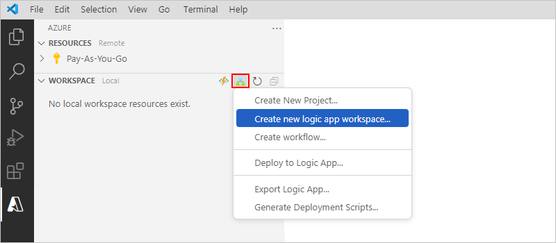 屏幕截图，显示 Visual Studio Code、Azure 窗口、“工作区”部分工具栏和选中的“新建逻辑应用工作区”选项。