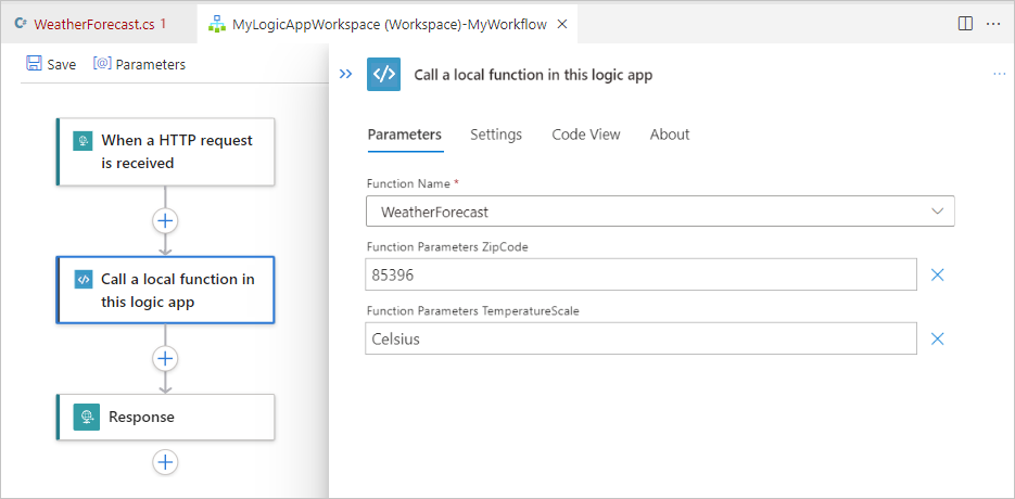 屏幕截图，显示 Visual Studio Code、工作流设计器和默认的工作流，其中包括触发器和操作。