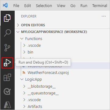 屏幕截图，显示 Visual Studio Code 活动栏和所选的“运行并调试”。