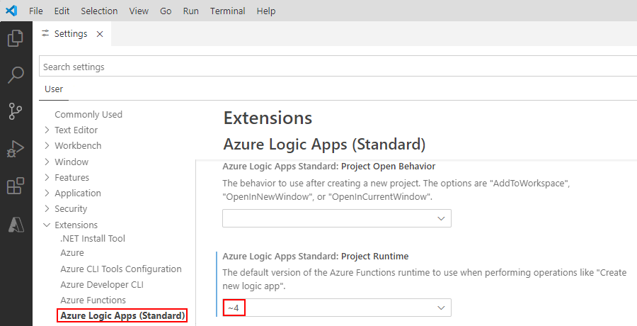 屏幕截图显示 Azure 逻辑应用（标准版）扩展的 Visual Studio Code 设置。