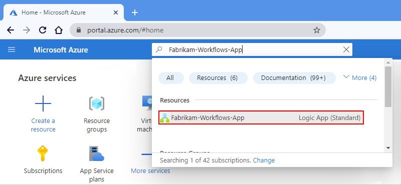 屏幕截图显示输入了逻辑应用名称的 Azure 搜索框。