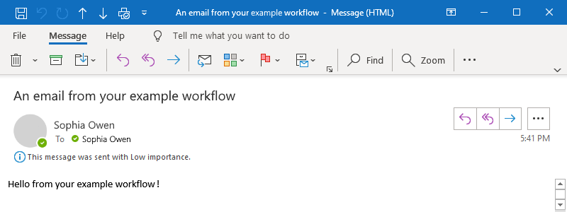 屏幕截图显示示例中所述的 Outlook 电子邮件。