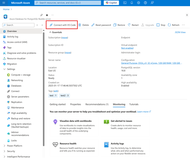 Azure 门户的屏幕截图，其中显示了带有“使用 VS Code 连接”按钮的 Azure Database for PostgreSQL 实例。