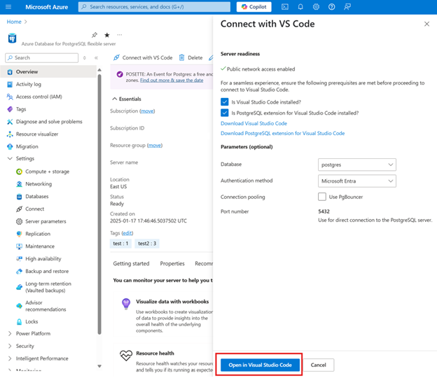 Azure 门户的屏幕截图，其中显示了使用 VS Code 连接面板的 Azure Database for PostgreSQL 实例。“在 Visual Studio Code 中打开”按钮突出显示。