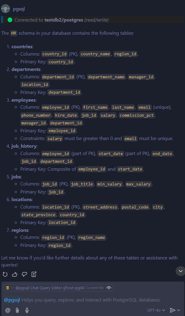 Copilot 对话助手响应的屏幕截图，其中显示了 PostgreSQL 数据库的 HR 架构中表和列的详细细目。