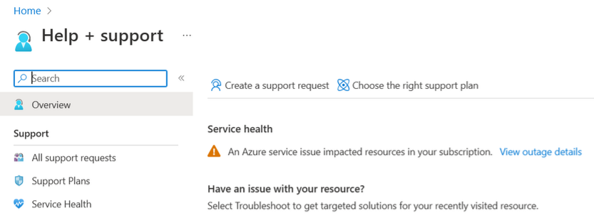屏幕截图显示了 Azure 门户中的“帮助支持”通知。