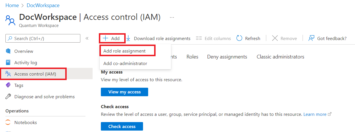 截图展示如何为 Azure Quantum 工作区添加新角色分配。