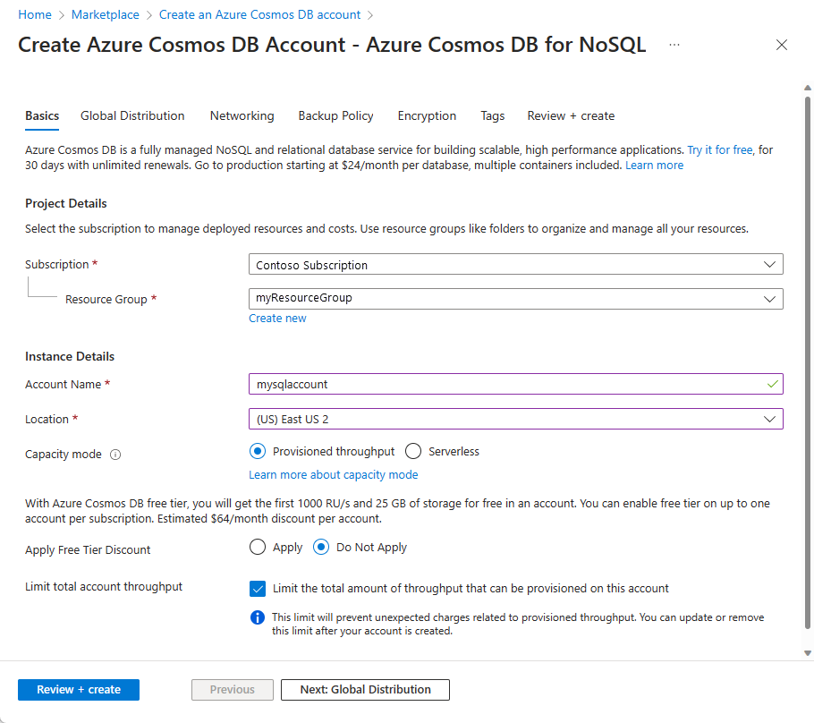 屏幕截图显示“创建 Azure Cosmos DB 帐户”页。