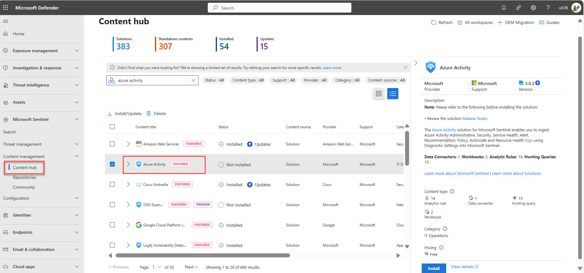 Defender 门户中内容中心的屏幕截图，其中已选择适用于 Azure 活动的解决方案。
