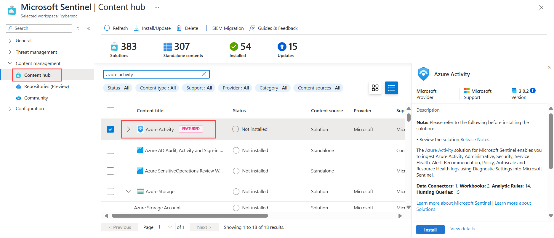 Azure 门户中内容中心的屏幕截图，其中选择了 Azure 活动的解决方案。