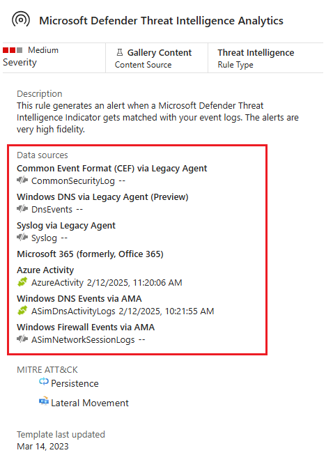 显示“Microsoft Defender 威胁情报分析”规则数据源连接的屏幕截图。