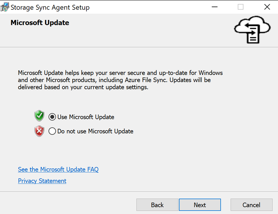 具有 Windows 更新的文件同步代理安装向导的屏幕截图。
