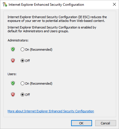 已选中“关闭”的“Internet Explorer 增强的安全配置”弹出窗口的屏幕截图。