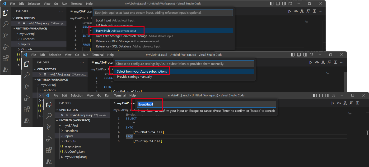 显示事件中心输入配置的一系列步骤的 VS Code 扩展的屏幕截图。