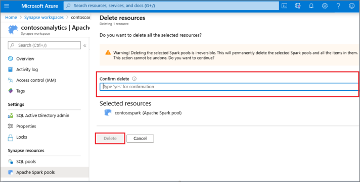 Azure 门户中的“确认”对话框的屏幕截图，用于删除所选的 Apache Spark 池。
