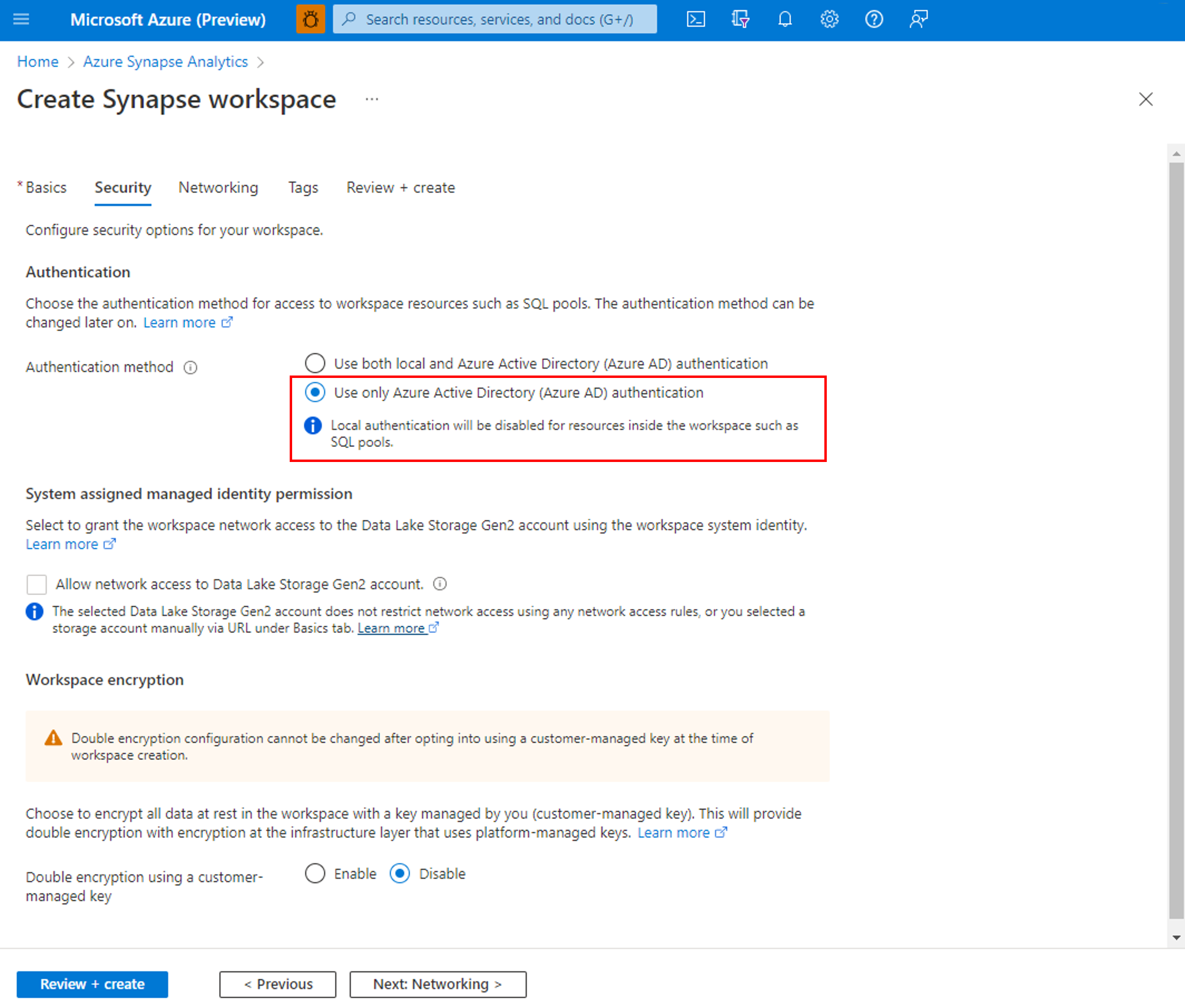 在创建工作区期间配置仅限 Microsoft Entra 的身份验证