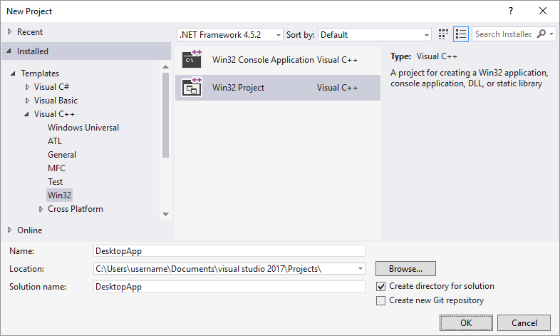 Visual Studio 2015 中“新建项目”对话框的屏幕截图，其中突出显示了 Win32 Project 选项，并在“名称”文本框中键入了 DesktopApp。