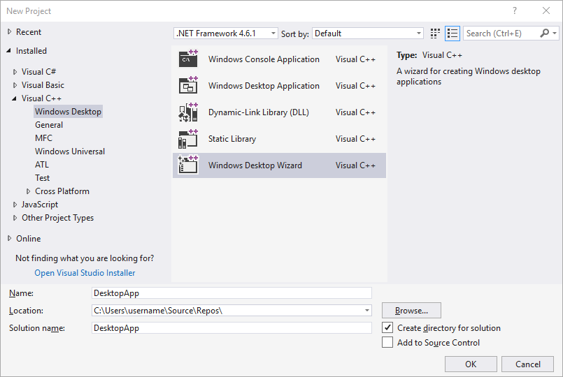 Visual Studio 2017 中“新建项目”对话框的屏幕截图。已选择“Windows 桌面向导”项。名称文本框显示 DesktopApp。