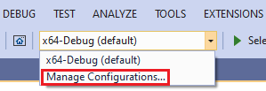 显示“配置”下拉列表中突出显示的 CMake 管理配置的屏幕截图。