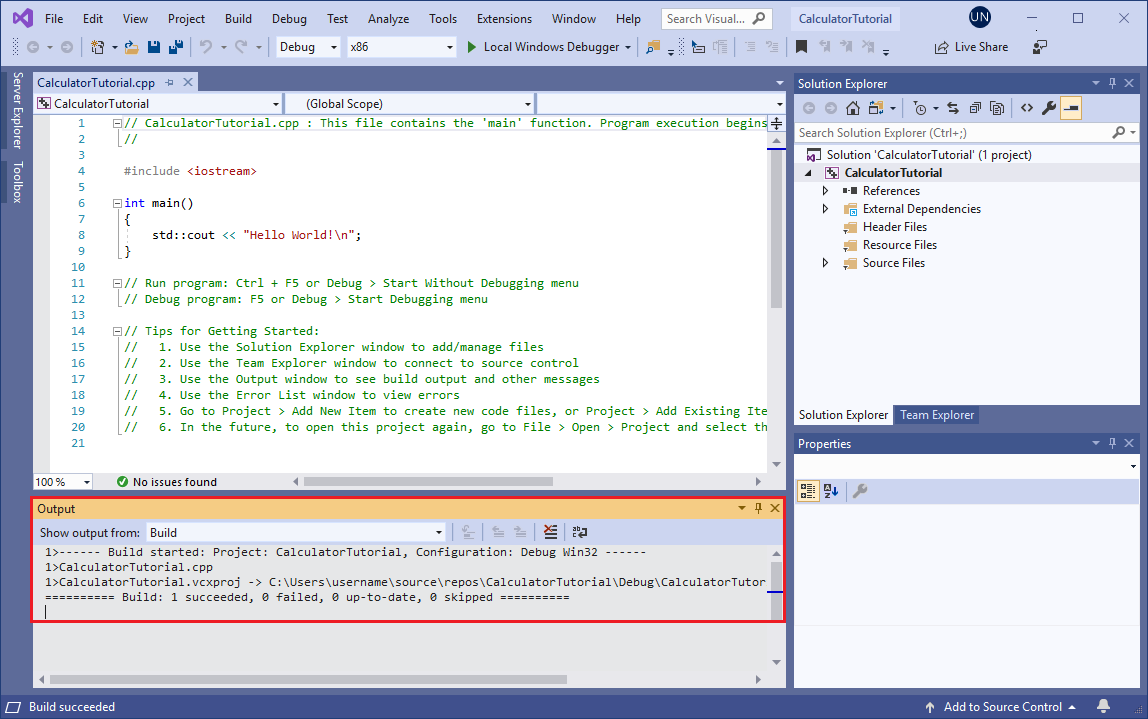 Visual Studio 输出窗口的屏幕截图。它显示生成成功的消息。