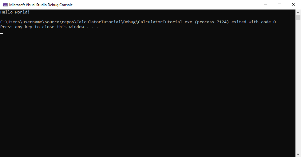显示应用程序的输出的 Visual Studio 调试控制台的屏幕截图：Hello World！