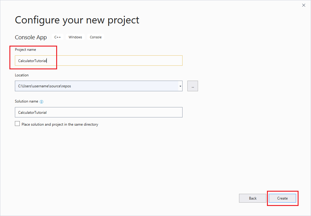 Visual Studio“配置新项目”对话框的屏幕截图。它具有项目名称、项目位置和解决方案名称的字段。