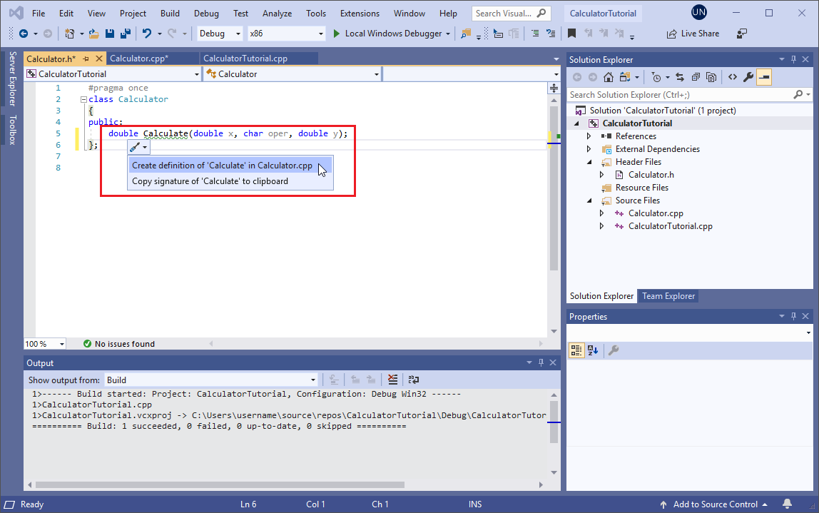 Visual Studio 编辑器窗口中工具栏下拉菜单的屏幕截图。突出显示了“在 Calculator.cpp 中创建 Calculate 定义”选项。